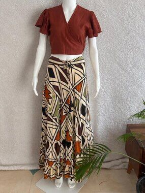 Thearah Terracotta Cotton Linen Wrap Crop Top, Flutter Sleeves